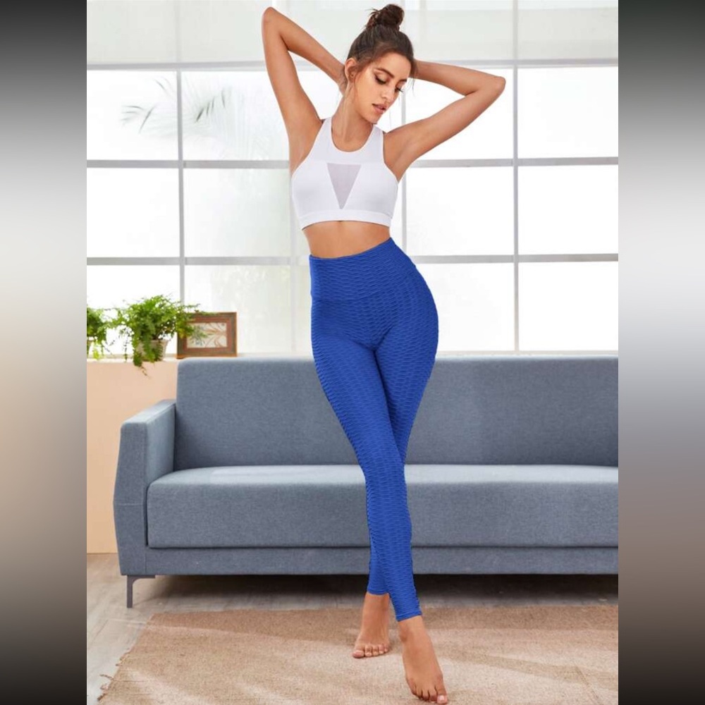 Like New: Blue Textured Leggings with a high waist - Medium